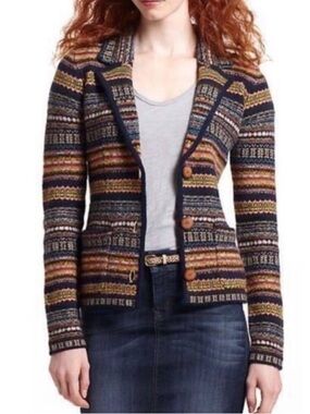 Anthropologie Sparrow Fair Isle Stripes 100% Lambswool Blazer Jacket Cardigan M